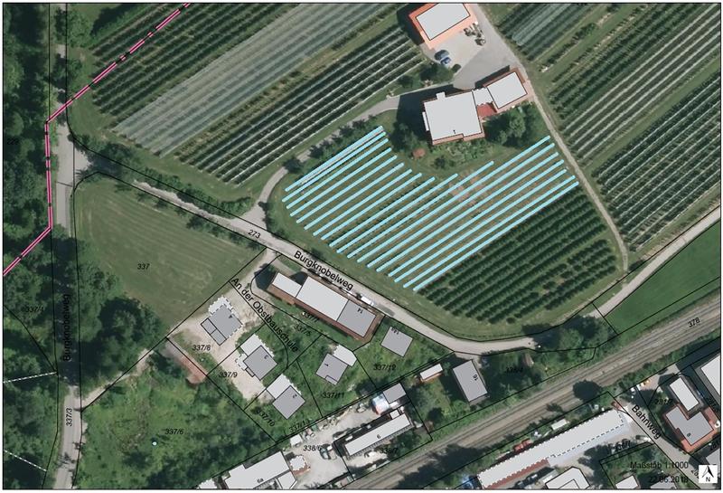 Schematische Darstellung der Flächen für den Erhaltungsgarten − die geplante Pflanzung ist hellblau markiert