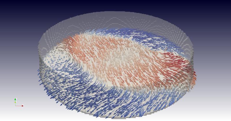 Blick ins Innere: ein Standbild aus dem 3-D-Film der Forschenden. Gezeigt ist ein Querschnitt durch die Probe und in dieser Ebene die lokale Ausrichtung der magnetischen Momente.