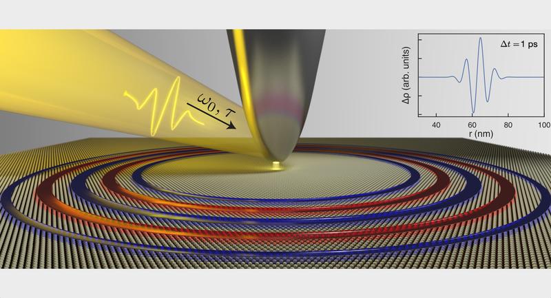 Ein sich langsam bewegendes, angeregtes Plasmonenwellenpaket auf atomar dünnem TaS₂. Nach seiner Erzeugung bleibt es auch nach einer Pikosekunde noch räumlich lokalisiert.