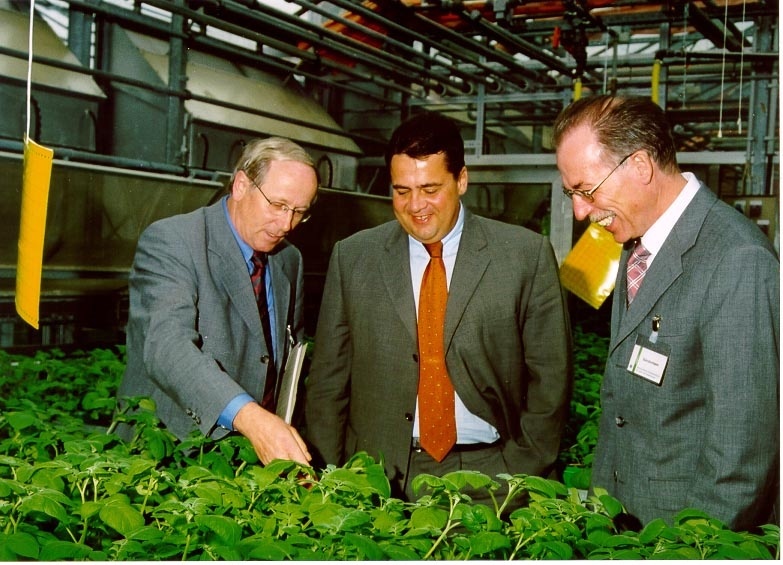 Foto: Doris Fraatz, BBA. Prof. Dr. Gerhard Bartels, links, erläutert dem niedersächsischen Ministerpräsidenten Sigmar Gabriel, wie Kartoffelpflanzen auf Widerstandsfähigkeit gegen Viruskrankheiten getestet werden. Rechts BBA-Vizepäsident Gündermann