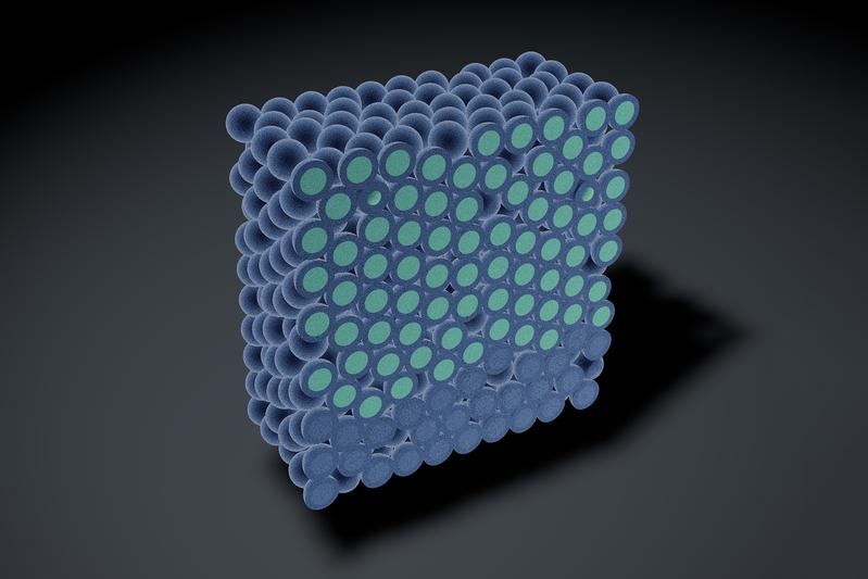 Freeze drying of maltodextrin particles (dark blue = sugar matrix; turquoise = ice): The radial drying front in the particles runs from the outside to the inside, the planar front from bottom to top.