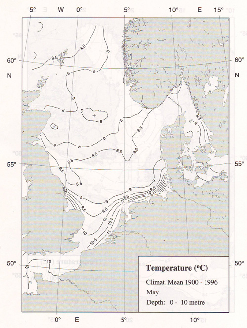 Mittlere Temperaturen der Nordsee Mitte Mai 1900-1966