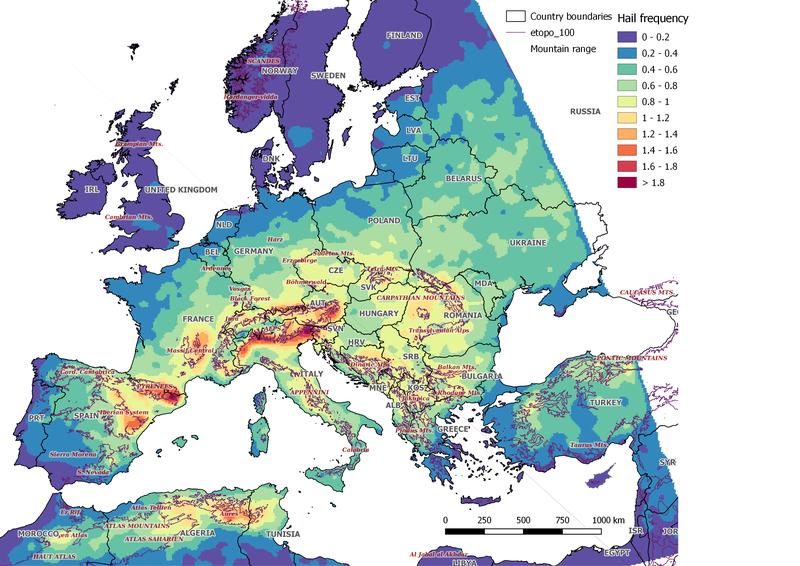 Häufigkeit von Tagen mit Hagel in Europa: In Deutschland ist vor allem der Südwes-ten betroffen – insbesondere die windabgewandten Seiten von Höhenzügen wie dem Schwarzwald