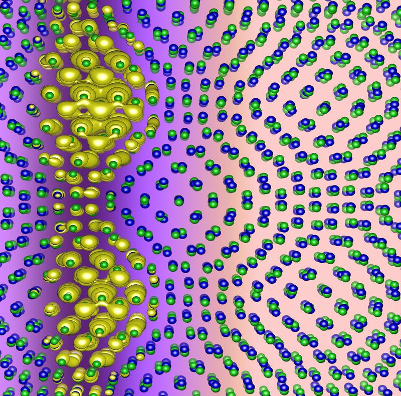 One-dimensional correlated states emerge in twisted bilayer germanium selenide. The figure shows the charge density distribution of such states obtained from density function theory calculations.