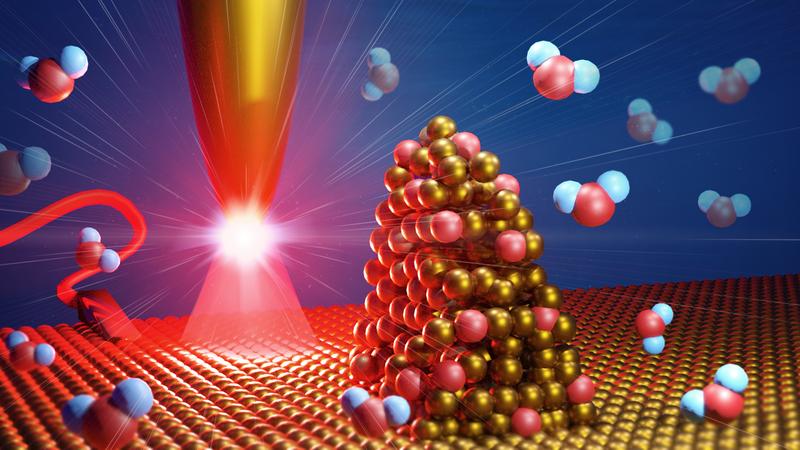 At rough areas of a catalyst surface, water is split into hydrogen and oxygen in a more energy efficient way than at smooth areas.