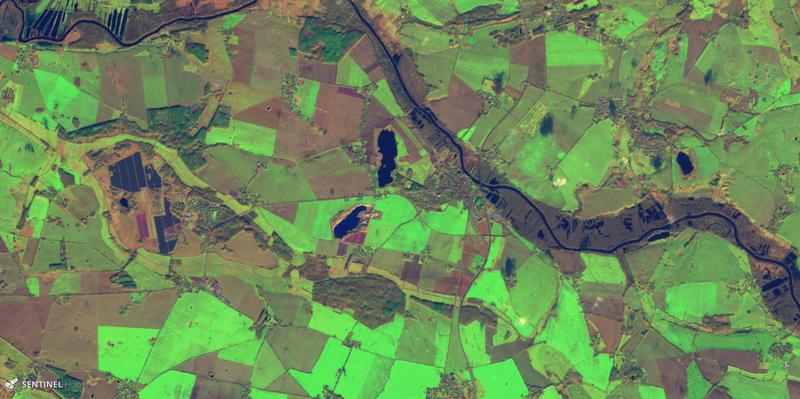 Agricultural landscape in northern Germany in February 2020, image generated from satellite data. Winter wheat grows in the fields: the more intensive the greenery, the more vital the plants are.