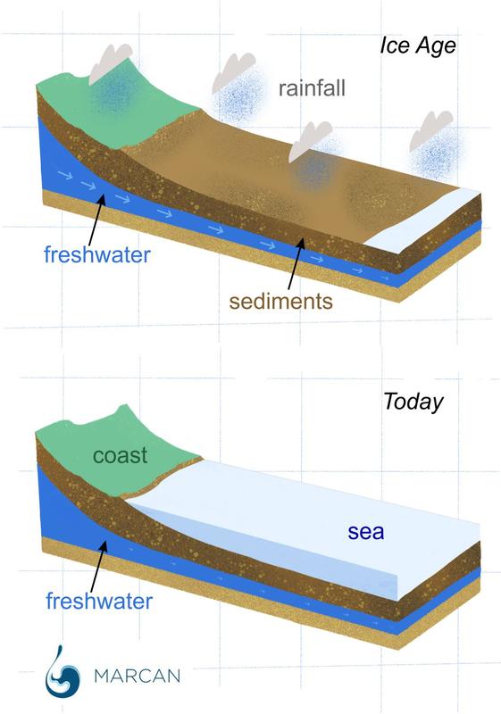 Schematisches Diagramm des untersuchten Küstenbereichs unter eiszeitlichen Bedingungen und heute. 