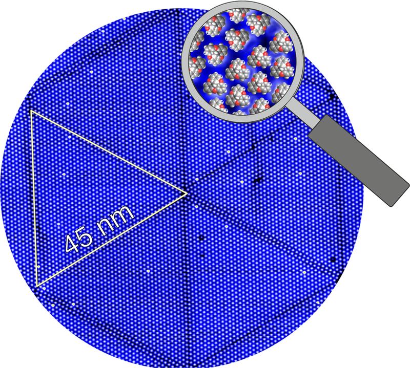 Scanning tunneling microscopy (STM) image of a self-assembly of triangular molecules on a silver surface.  The repeated pattern (half of a pattern is indicated in yellow) has a size of 45 nanometers.