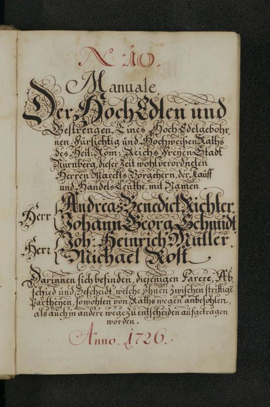 Deckblatt eines „Manuals“, eines fortlaufend geführten Handbuchs für Rechts- und Geschäftsvorgänge.