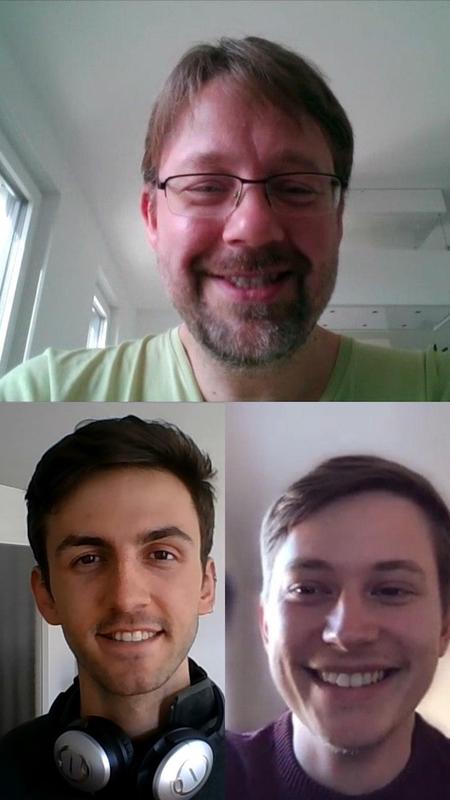 In response to the Covid-19 pandemic, Professor Szameit (top) and his students Sebastian Weidemann (bottom left) and Mark Kremer (bottom right) meet via video conference.