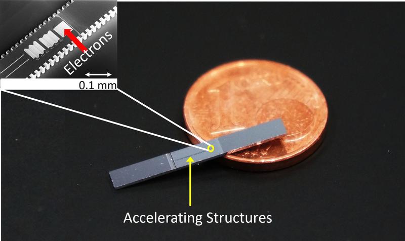 In Silizium geätzte photonische Beschleunigerstrukturen. Der Euro-Cent dient zum Größenvergleich. 