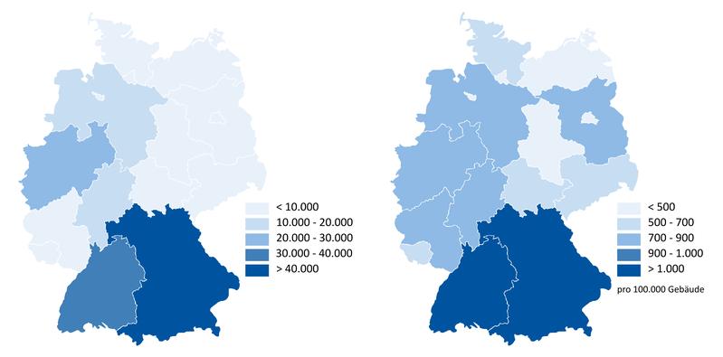 Wie bei den PV-Anlagen kommt es auch bei der Installation von stationären Batteriespeichern zu regionalen Unterschieden (links: Speicher in absoluten Zahlen, rechts: Speicher pro 100.000 Gebäude).