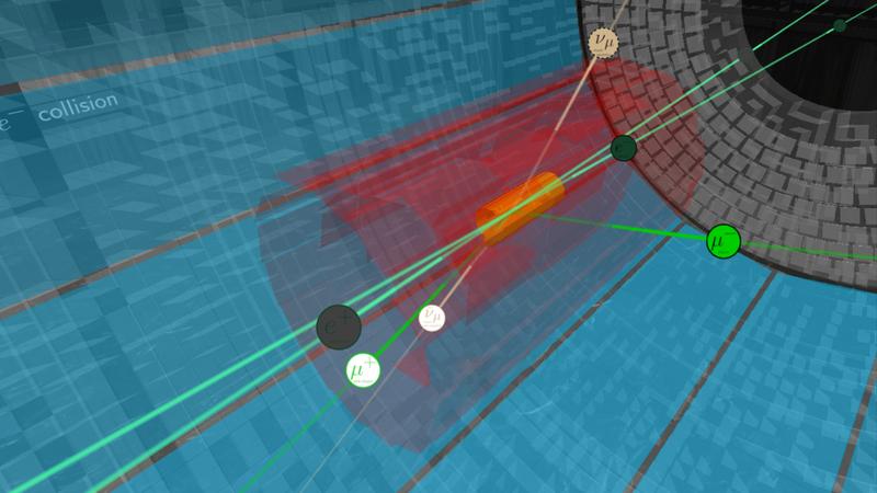 Der Belle II-Detektor sucht nach dem Z‘-Boson. Dieses könnte sich – wie hier dargestellt – durch das gehäufte Auftreten von Myonen-Paaren mit entgegengesetzter Ladung zeigen. 