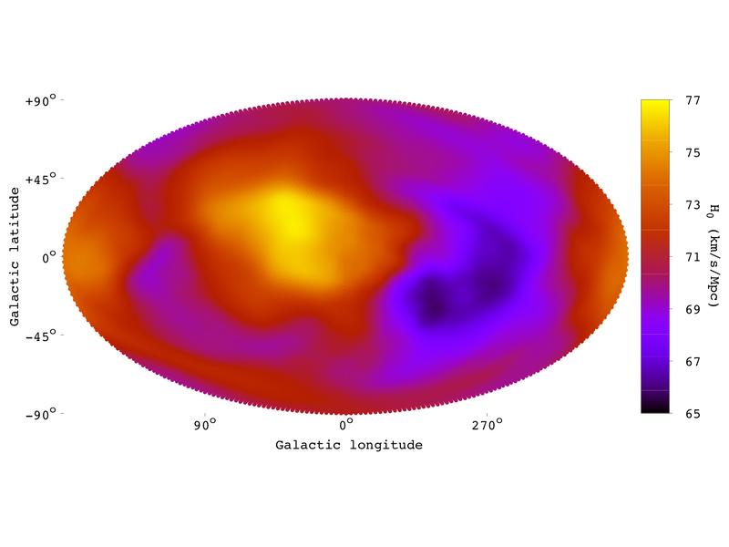 Expansion des Universums: Die violetten Bereiche dehnen sich langsamer aus als erwartet, die gelben schneller. Bei Isotropie wäre das Bild einfarbig rot. 