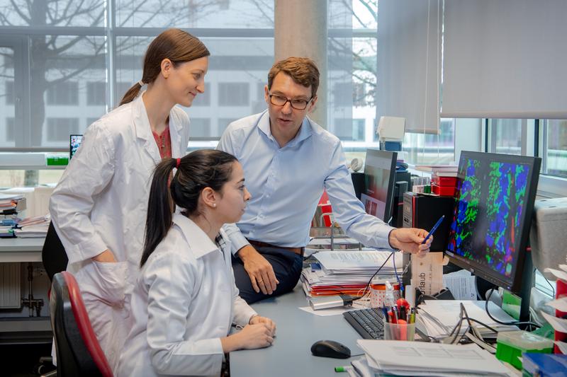 Prof. Haller, Dr. Eva Rath und Dr. Amira Metwaly diskutieren ihre Forschungsergebnisse.