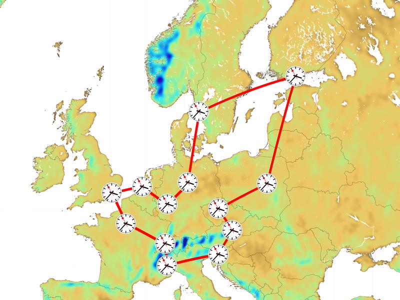 Hochgenaue Atomuhren  speisen Laserlicht in ein Glasfaser-Netzwerk ein: So werden große europäische Forschungszentren miteinander verbunden. 