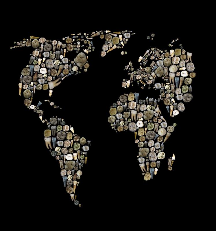 A mosaic world map made from various human teeth.