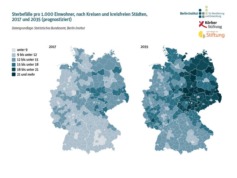 Sterbefälle pro 1.000 Einwohner, nach Kreisen und kreisfreien Städten, 2017 und 2035 (prognostiziert)