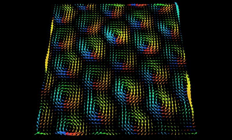 analogy to nano tornadoes in plasmonic vortices (skyrmions). The display exibits the measured 3-dimensional structure of the magnetic field of the light on the gold nanoplatelets. 