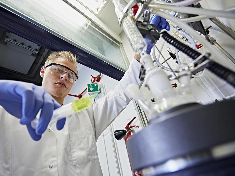 Nico Fleck during the synthesis of the spin label (flag) on a reflux apparatus. 