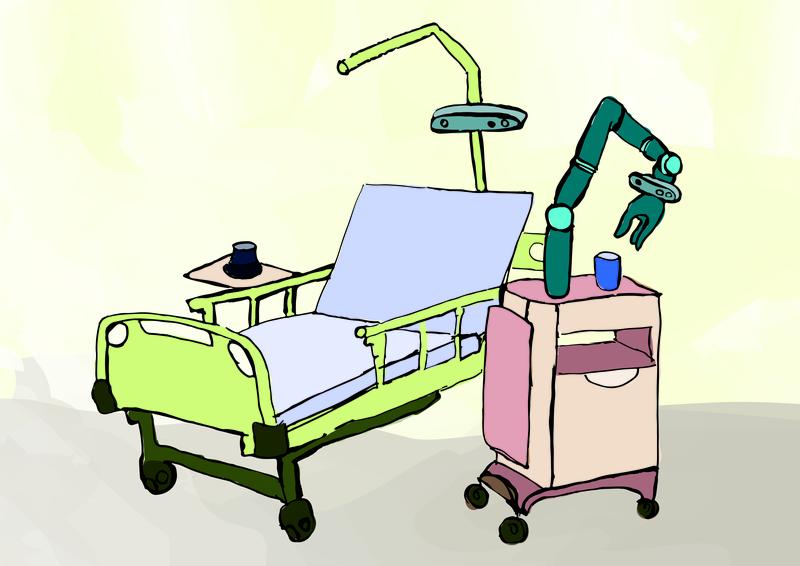 Visualisierung des Einsatzes eines Roboterarms zur Unterstützung von Pflegebedürftigen mit körperlichen Einschränkungen.