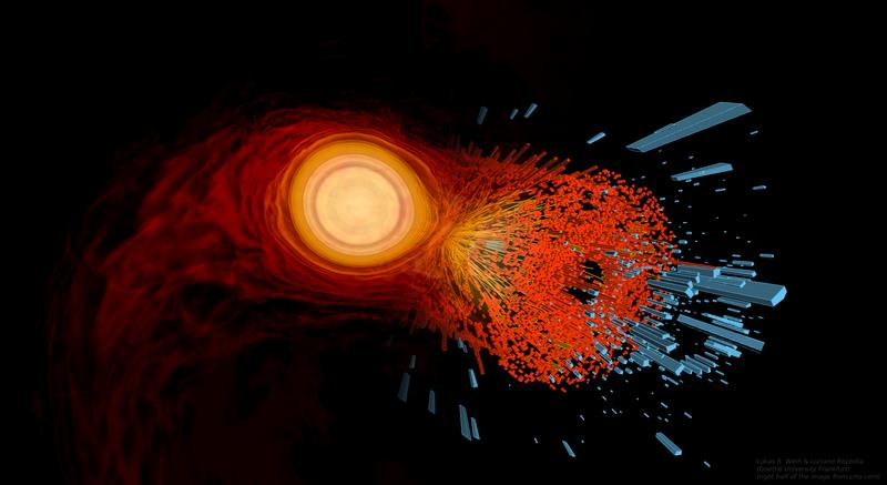 Montage aus Computersimulation der verschmelzenden Neutronensterne (links) und dem Bild einer Schwerionenkollision, die die Verbindung von Astrophysik und Kernphysik verdeutlicht. 