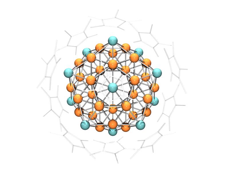 "Superatom" aus 43 Kupfer und 12 Aluminium Atomen umgeben von Cyclopentatienyl-Liganden.