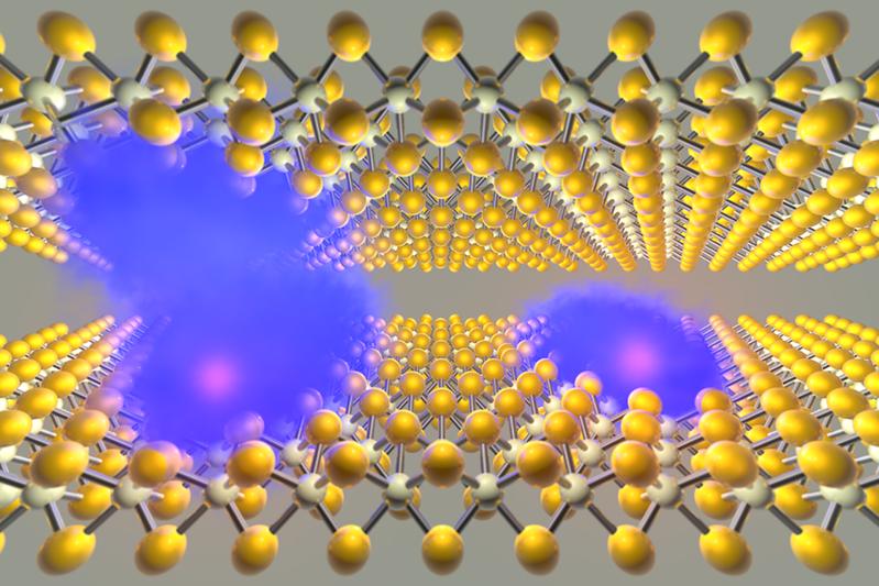 Künstlerische Darstellung von Elektron-Loch-Paaren in Schichtstrukturen eines Übergangsmetall-Dichalkogenids.