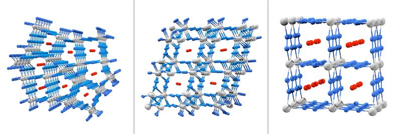 Metallische anorganische Gerüststrukturen mit Osmium, Hafnium und Wolfram (Os₅N₂₈, Hf₄N₂₀, WN₈, v.l.). Blau: Stickstoff-Atome, gelb: Metall-Atome, rot: Stickstoff-Moleküle in den Zwischenräumen. 