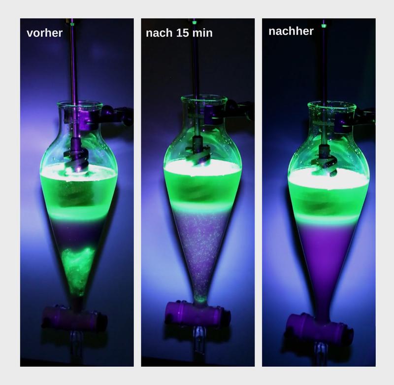 Newly developed at the IOW: Microplastics (green shining dots) can be separated from mineral sediment (blue-violet layer) by density separation using a separating funnel and a screw conveyor.