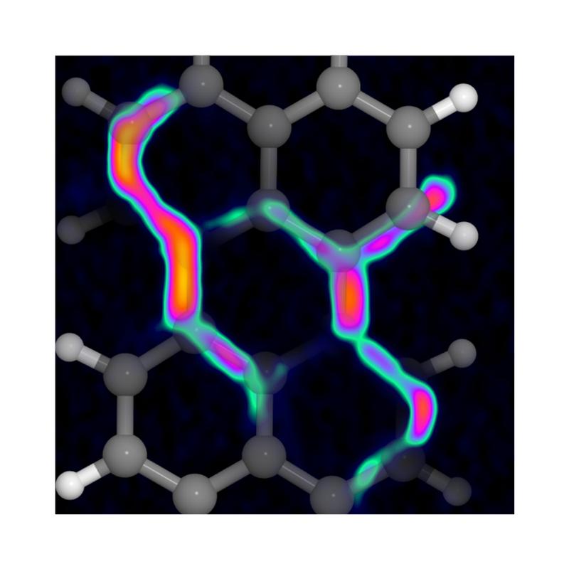 Stäbchenmodell des verwendeten Moleküls. Der starke Anstieg im Anregungssignal, während der Oszillation der Spitze über die einzelnen chemischen Bindungen, ist in Farbe überlagert (Farbschema blau bis orange).