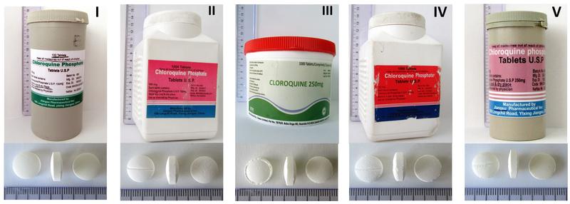 Fünf gefälschte Chloroquin-Präparate, die in Kamerun und der Demokratischen Republik Kongo gefunden wurden. 