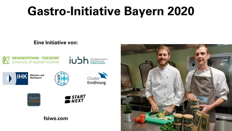 Links die Partner der `Gastro-Initiative Bayern 2020´, rechts im Bild die Gründer des Start-ups Trocken Kasperl. Ähnlich wie die beiden gelernten Köche sollen Gastronominnen und Gastronomen mit Unterstützung der Initiative Produktideen umsetzen können.