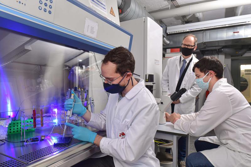 Florian Küllmer (v.l.n.r.), Prof. Dr. Hans-Dieter Arndt und Veselin Nasufovic im Labor der Universität Jena. 