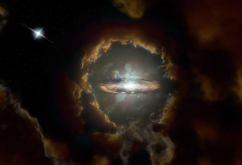 Künstlerische Darstellung der Wolfe-Scheibe, einer massereichen rotierenden Scheibengalaxie im frühen, staubigen Universum. Die Galaxie wurde ursprünglich entdeckt, als ALMA das Licht eines weiter entfernten Quasars (oben links) untersuchte. 