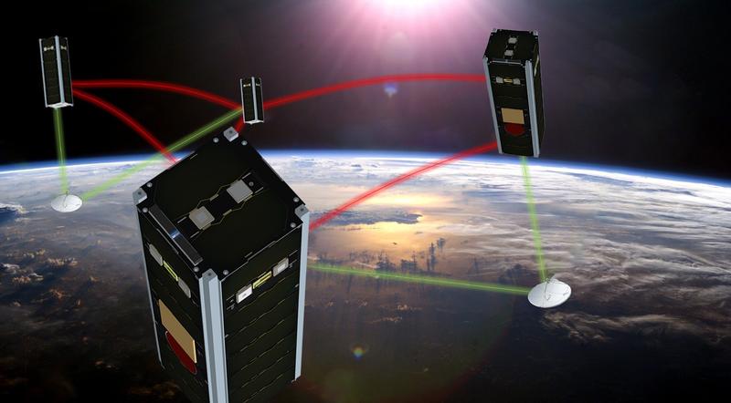 NetSat: Vier Kleinst-Satelliten mit den Abmessungen 10 x 10 x 30 Zentimeter im Formationsflug in einer Umlaufbahn in 600 Kilometer Höhe.