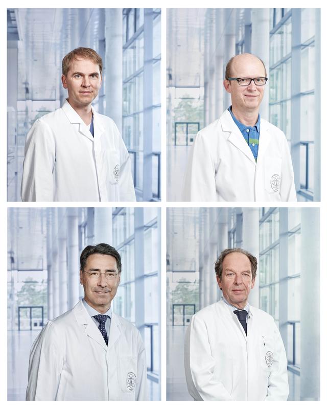 (v. l. n. r. oben) Dr. Dominik Scharnbeck, Prof. Dr. Christian Apitz, (v. l. n. r. unten) Prof. Dr. Wolfgang Rottbauer und Prof. Dr. Klaus-Michael Debatin freuen sich über die Zertifizierung als EMAH-Schwerpunktklinik.