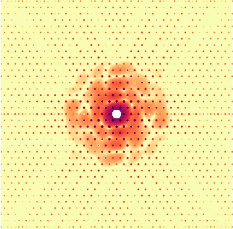 Simulated diffraction pattern from a test object holographically interfering with a 2D lattice