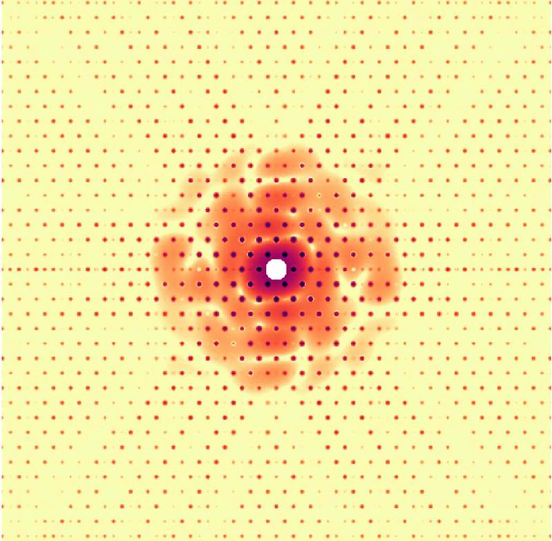 Simulated diffraction pattern from a test object holographically interfering with a 2D lattice