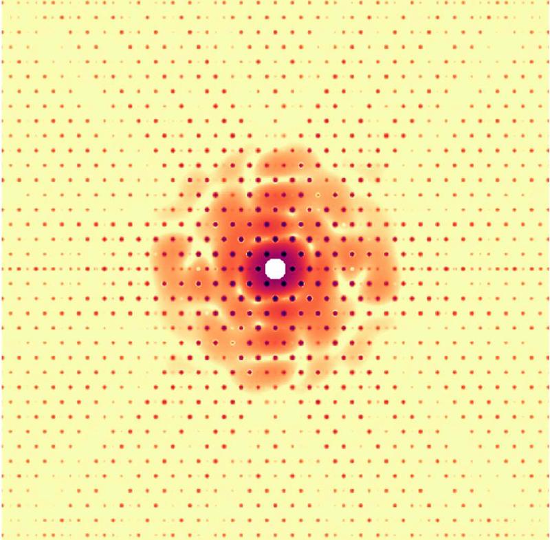 Simuliertes Beugungsmuster eines Testobjekts, welches holografisch mit einem 2D-Gitter interferiert.