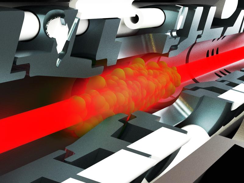 A cloud of trapped iron ions interacting with intense X-rays from a synchrotron light source.