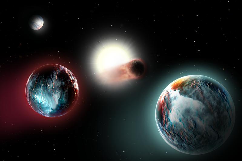 Künstlerische Darstellung des extrasolaren Planetensystems um den Stern V1298 Tau. 