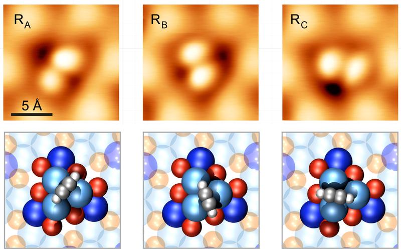 Rastertunnelelektronenmikroskopische Aufnahmen (ca. 50-millionenfache Vergrösserung) des hantel-förmigen Acetylen-Rotor Moleküls in 3 verschieden Rotationzuständen. Unten die atomaren Strukturen von Stator (blau-rot) und dem Acetylen-Rotor (grau-weiss).