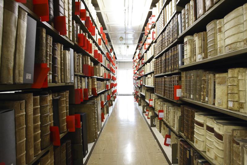 Closed stacks in the Municipal Academic Library Mainz/Wissenschaftliche Stadtbibliothek Mainz. 