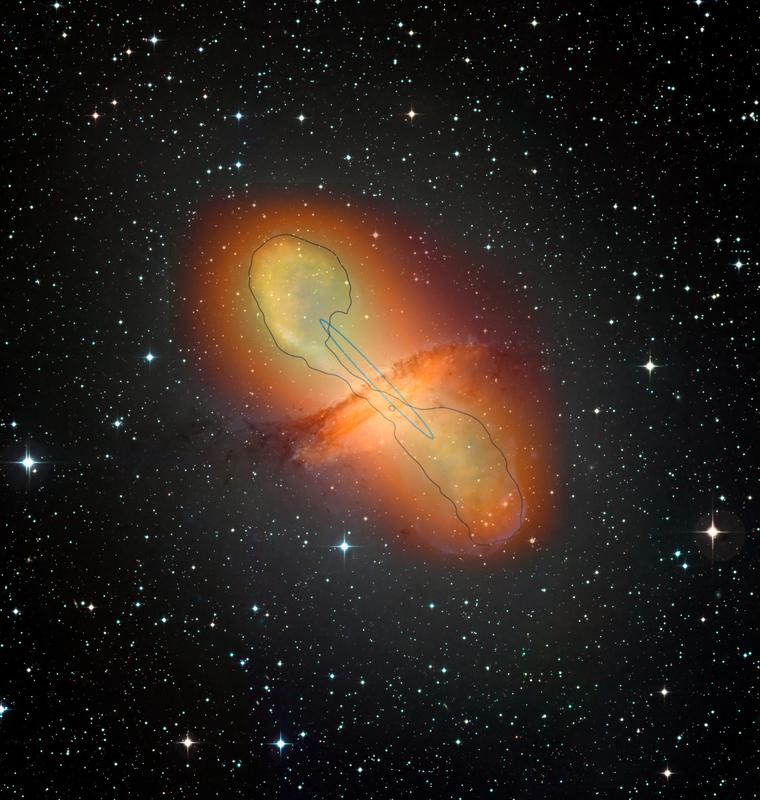 Überlagerung eines Bildes der Galaxie Centaurus A einschließlich der Jets, die aus dem Zentrum kommen, mit der Intensität der zugehörigen Gammastrahlung. 