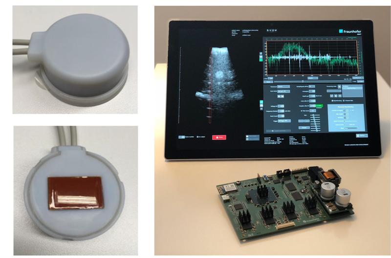 Portable tablet-driven ultrasound imaging system VisIMon and self-adhesive ultrasound transducer.