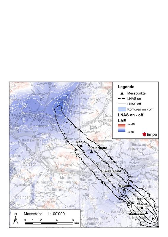 Simulation of aircraft noise by Empa’s sonAIR simulation program. Dotted line: with LNAS; solid line: without LNAS. At 24 kilometres from the runway, in the middle of the southern Black Forest, a significant noise reduction is apparent (dark blue).