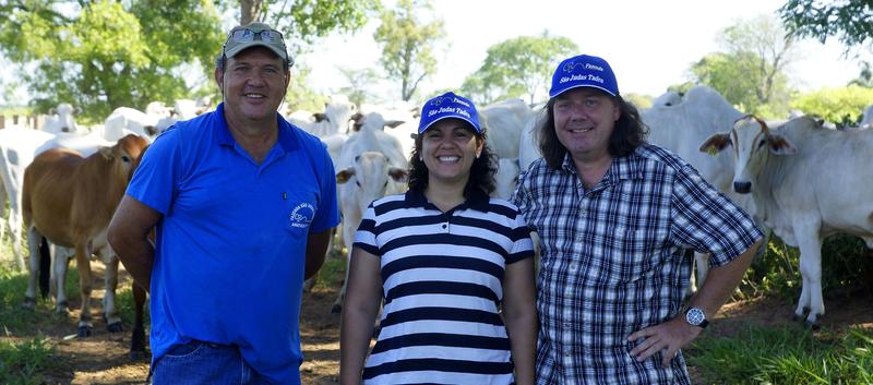 Partner in Brasilien - Landwirt Cláudio Zotesso (li.) mit Prof. Dr. Fabiana de Andrade Melo Sterza und Dr. Ralf Pöhland auf einer Rinderfarm.