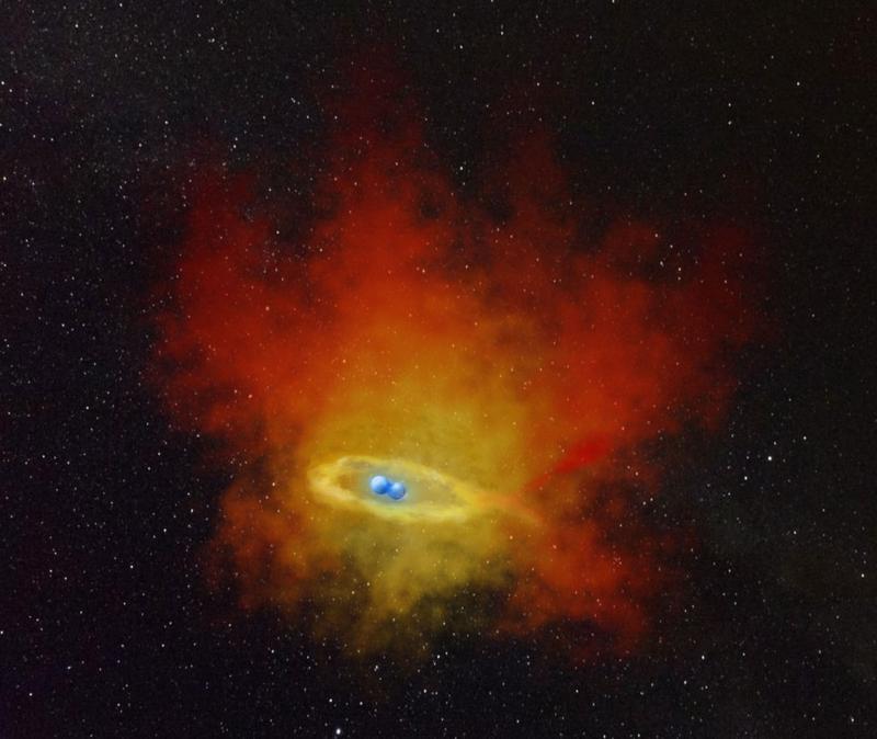 Künstlerische Darstellung der verschmelzenden Zentralsterne im planetarischen Nebel Henize 2-428