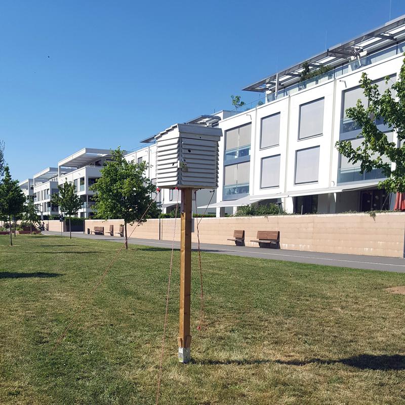 Klimastation in der Bahnstadt, angrenzend an die Schwetzinger Terrasse im Sommer 2018. Die Wetterhütte ist ausgestattet mit einem Thermohygrographen mit internen Sensoren für die Lufttemperatur und relative Feuchte